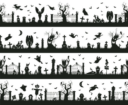 Halloween seamless borders. Creepy halloween decorations, spooky cemetery grave stones with crosses and scary trees flat vector illustration set. Sinister landscape silhouettesのイラスト素材