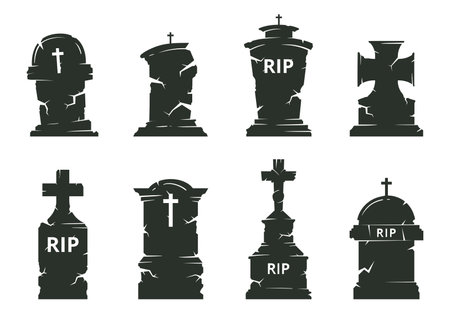 Gravestone silhouettes. Halloween tombstones, cemetery crosses and horror halloween grave stones flat cartoon vector illustration setのイラスト素材