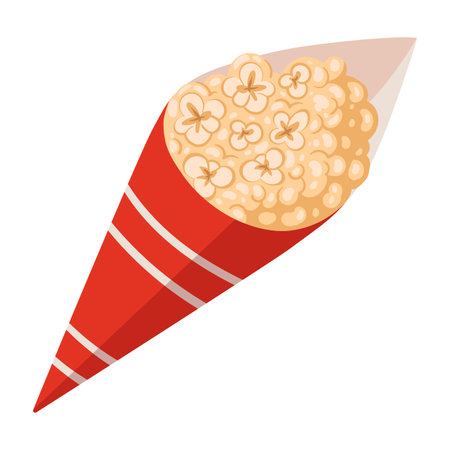 Popcorn paper bag. Tasty popcorn, salty or sweet flavor tv or movie watching snack flat vector illustrationのイラスト素材