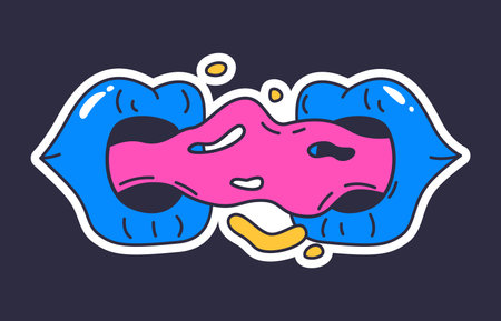 Doodle mouth patch. Psychedelic emoji, trendy lips sticker, groovy hallucination element flat vector illustrationのイラスト素材