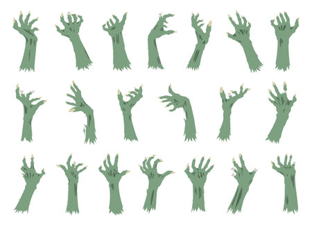 creepy zombie arms. Halloween monsters hands with long nails, spooky horror arms flat cartoon vector illustration setのイラスト素材