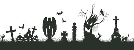 Halloween cemetery silhouette border. Spooky graveyard silhouettes, creepy halloween decoration with scary trees and gravestones flat vector illustrationのイラスト素材