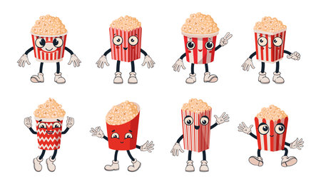 Cartoon popcorn mascots. Cute popping corn cups funny emojis with faces, hands and legs flat vector illustration setのイラスト素材