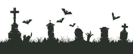 Graveyard silhouette border. Halloween spooky cemetery silhouettes, spooky halloween decoration with scary trees and gravestones flat vector illustrationのイラスト素材