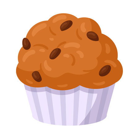 cartoon cupcake. Sweet pastry muffin, delicious vanilla dessert with chocolate chip flat vector illustrationのイラスト素材