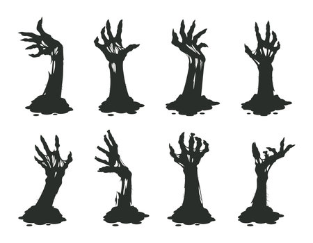 Cartoon zombie bony arms. Halloween creepy hands sticking out of ground, zombie scrawny arm silhouettes flat vector illustration set. living dead monster limbsのイラスト素材
