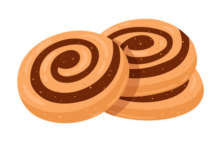 Chocolate pinwheel cookies. Cartoon homemade tasty cookies with chocolate filling flat vector illustration. Classic chocolate and vanilla pinwheel cookiesのイラスト素材