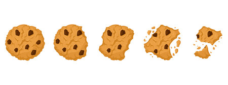 Cookies eating process. Cartoon bitten chocolate chip crunchy biscuits, cookie crumbs flat vector illustration set. Sweet crumbled cookiesのイラスト素材