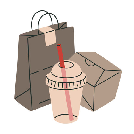 Fast food delivery packaging. Takeaway paper or cardboard food delivery containers, disposable paper bag, box and plastic cup flat vector illustration. Empty food packagingのイラスト素材