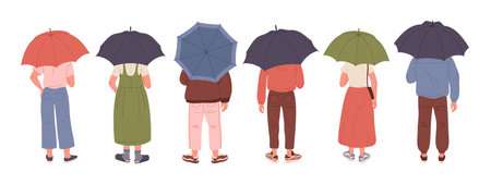 people holding umbrella. Male and female characters from behind in rainy weather, human turned back hiding under umbrellas flat vector Illustration set. Persons under umbrellasのイラスト素材