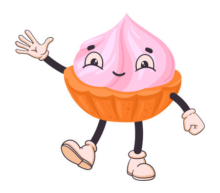 Cartoon cake mascot. Funny cupcake emoji with face, arms and legs flat vector illustration. cute pastry characterのイラスト素材