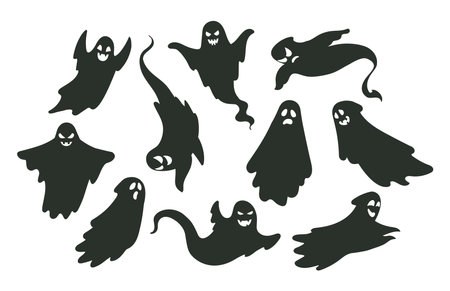 ghost silhouettes. Halloween spooky flying mysterious phantoms, ghosted night shadows. Scary ghosts flat vector illustrations setのイラスト素材