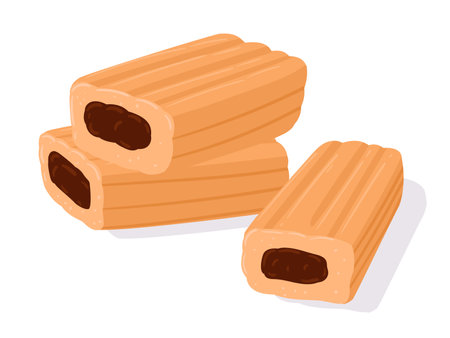 Cartoon cookie rolls. Homemade tasty cookies with chocolate filling. Cookie choco bar flat vector illustrationのイラスト素材