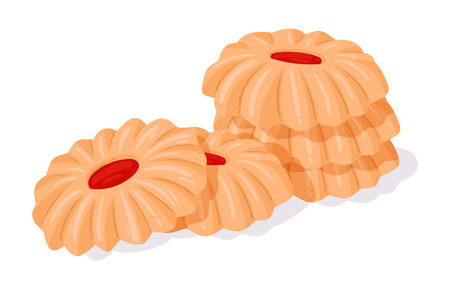 Cartoon kurabiye cookies. Shortbread cookies with drop of jam, homemade Arabic dessert, tasty bakery product flat vector illustrationのイラスト素材
