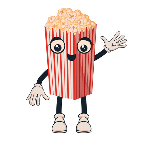 Popcorn bucket funny mascot. Cartoon popping corn cute character with emotions, arms and legs flat vector illustrationのイラスト素材