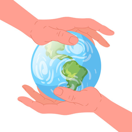 hands holding earth. Cartoon earth day concept, save planet. Hands hold globe flat vector illustrationのイラスト素材