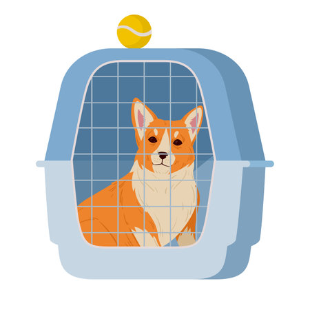 Cartoon corgi in dog cage. Dog help adoption shelter or pet shop, pembroke welsh corgi puppy in dog hotel flat vector illustrationのイラスト素材