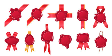 Cartoon red wax seal set. Vintage postal wax stamps with ribbons and jute cord, retro paraffin seal flat vector illustration collectionのイラスト素材