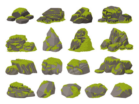 Cartoon moss on stones. Jungle moss plants grows on gray rocks, green creeping lichen creeps on stones flat vector illustration set. Swamp moss growing on rocksのイラスト素材