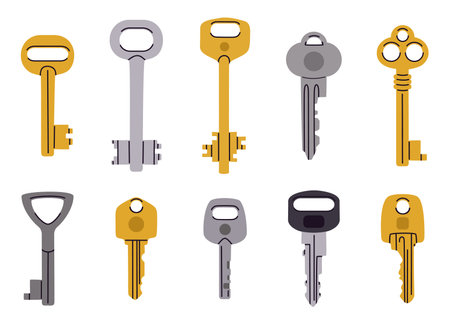 cartoon door keys. Vintage and modern key, home, apartment, car or mail box keys. Hand drawn keys flat vector illustration setのイラスト素材