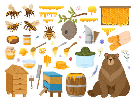 cartoon beekeeping. Honeycraft, apiary, apiculture, bees, beeswax, honeycomb, beehive and sweet honey jar, natural, healthy products flat vector illustration set. Apiculture collectionのイラスト素材