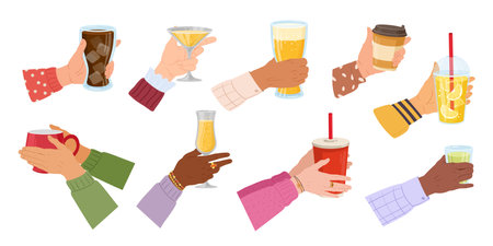 Cartoon hands holding drinks. Human hand with coffee mug, tea cup, water or wine glass, cold and warm beverages in female hands flat vector illustration set. Various beverages collectionのイラスト素材