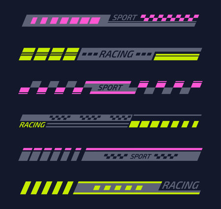 Sports racing tuning stickers. Racing sport stripes for motorbike, sport car and boat, motor vehicle tuning bars flat vector illustration setのイラスト素材