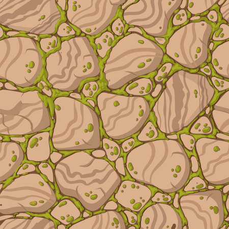 Pavement stone with moss. Cartoon green moss plant creeps on pavement stone seamless pattern. Paved path flat vector background illustrationのイラスト素材