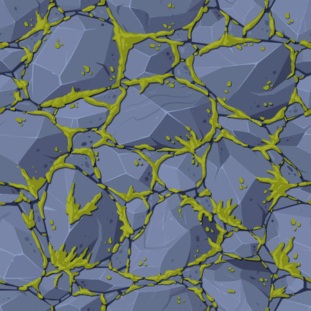 cartoon pavement. Moss plants creeps on pavement stones seamless pattern. Paved floor with green moss flat vector background illustrationのイラスト素材