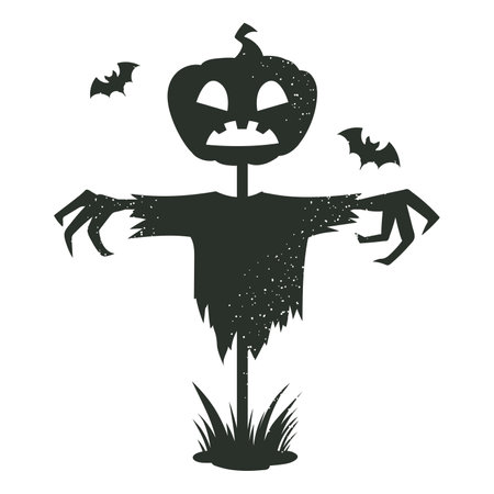 Halloween scarecrow. Garden pumpkin head scarecrow monster, spooky flat cartoon vector illustration. scarecrow silhouetteのイラスト素材