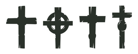 Grave crosses. Cartoon halloween spooky decoration silhouettes, old cemetery crosses flat vector illustration set. halloween party gloomy decorのイラスト素材