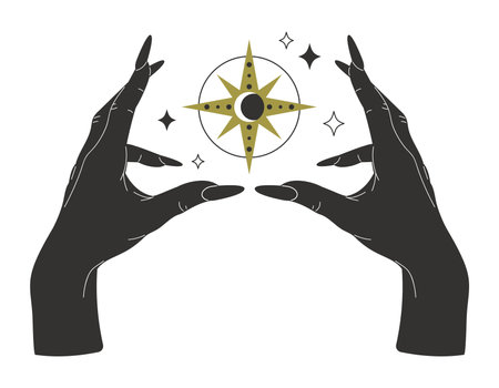 magic witch hands. Mystical esoteric hand palms with star and moon. Hand drawn witchcraft esoteric flat vector illustration. Mystic hands silhouetteのイラスト素材