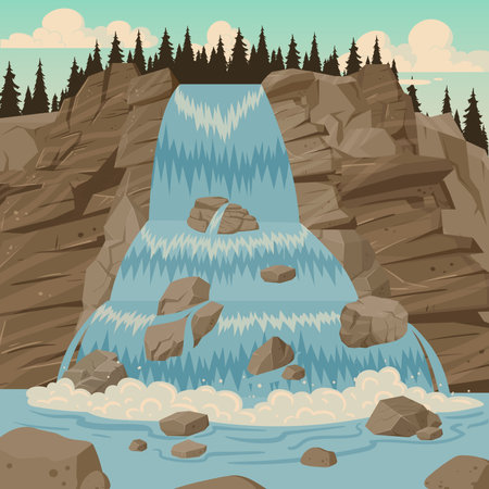 Cartoon mountain river waterfall. Wild waterfall landscape with rocks and trees. Rushing water cascade flat vector illustrationのイラスト素材