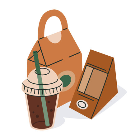 Food delivery paper packaging. Disposable paper bag, takeaway cardboard fast food delivery containers, box and plastic cup flat vector illustrationのイラスト素材