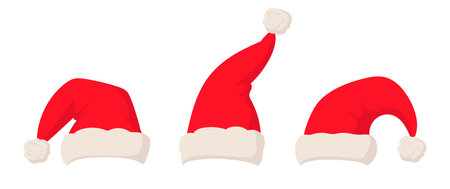 Christmas Santa Claus hats. Red plush Santa hats, xmas character fur costume part flat vector illustration setのイラスト素材