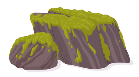 Cartoon moss on stone. Green moss grows on stone, moss plants creeping on gray rock flat vector illustrationのイラスト素材