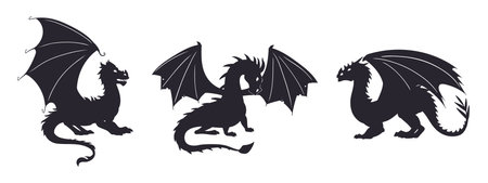 Dragons silhouettes. Winged medieval dragons mascots, scary fire breathing reptiles. Fairy dragons silhouette flat vector illustration setのイラスト素材
