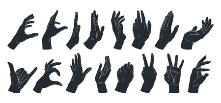 Hand gesture silhouettes. Cartoon human signs, peace, okay, call position. Hand gestures flat vector illustration setのイラスト素材
