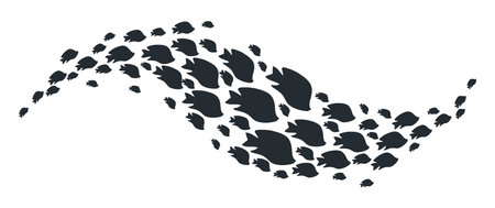 Tropical fish shoal. Cartoon exotic underwater fish swimming group, fish shoal silhouettes. Coral reef fauna shoal flat vector illustrationのイラスト素材