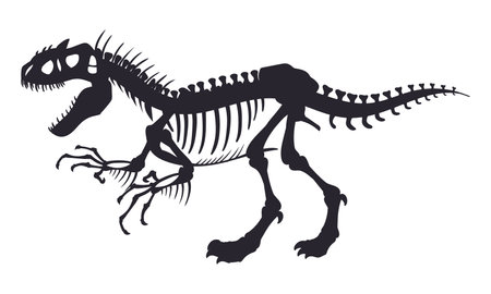 Tyrannosaurus skeleton silhouette. Dinosaur fossil bones, jurassic tyrannosaurus rex silhouette flat vector illustration. Ancient reptile skeletonのイラスト素材