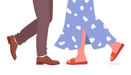 Walking legs. Man and woman walk towards each other, happy romantic couple walking in casual fashionable clothes flat vector illustrationのイラスト素材
