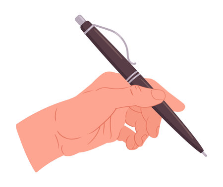Writing hand. Cartoon human hand with pen filling planner, taking notes or signing documents flat vector illustrationのイラスト素材