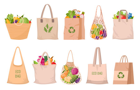 Eco shopping bags. No waste or plastic, reusable grocery bags with vegetables and fruits flat vector illustration set. Zero waste shopping bagsのイラスト素材