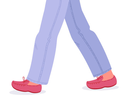 Walking legs in moccasins.Female legs wearing jeans and trendy shoes, casual female footwear. Stylish moccasins flat vector illustrationのイラスト素材