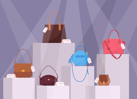 Fashion bags store showcase. Casual and fashionable accessories shop, trendy handbags on boutique shelves flat vector illustration. Leather goods showcaseのイラスト素材