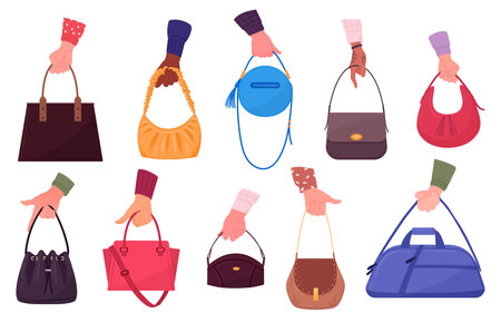 Hands holding bags. Fashionable leather bags in hands, female hands hold shopper, satchel and tote bags, casual accessories ad campaign flat vector illustration set. Casual leather bags in handsのイラスト素材