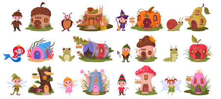 Fantasy characters and houses. Cartoon fairytale cute gnome, mermaid, gingerbread man and fairy flat vector illustration set. Fairy tale elements collectionのイラスト素材