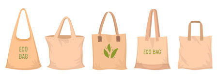 Reusable grocery bags. Eco shopping bags, empty zero waste textile bags flat vector illustration set. Zero waste shopping bagsのイラスト素材
