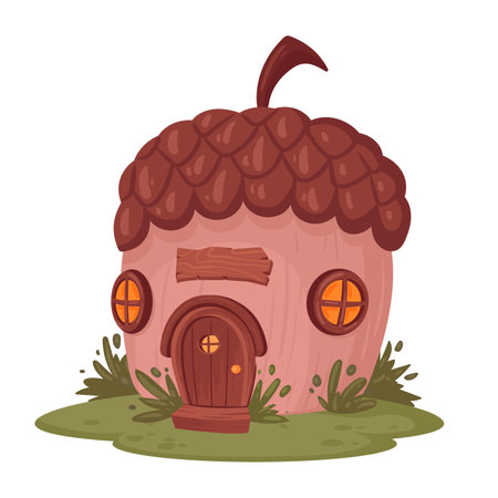 Cartoon acorn house. Fairy forest little acorn house. Fantasy fairy tale cute cabin flat vector illustration on white backgroundのイラスト素材