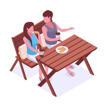Isometric man and woman on backyard. People spending time on terrace, chilling and snacking 3d vector illustration. Couple chilling on backyardのイラスト素材
